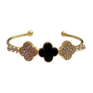 Elegant Triple Clovers Clear Rhinestones Gold and Black Open Cuff Bracelet
